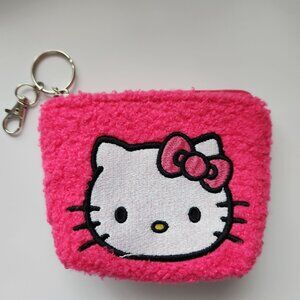 Hello Kitty Pink Fuzzy Coin Purse Keychain With Zipper Closure & Metal Clasp